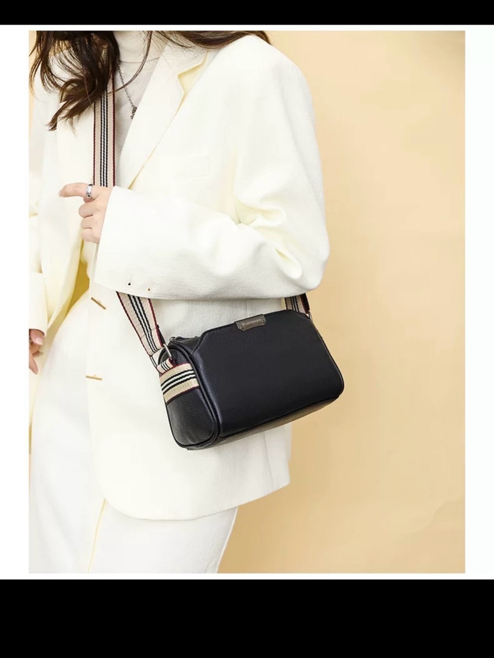 Black Genuine Textured leather Crossbody Bag with Striped Strap